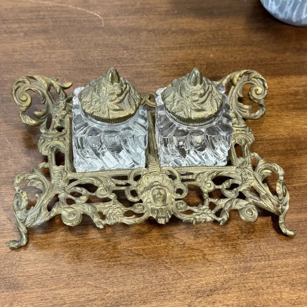 Antique Ornate Brass Double Inkwell Stand with Two Glass Ink Pots Victorian Era - Picture 1 of 11